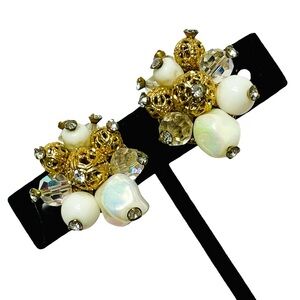 Vintage Signed Vendome Gold Plated White Cluster Clip Earrings